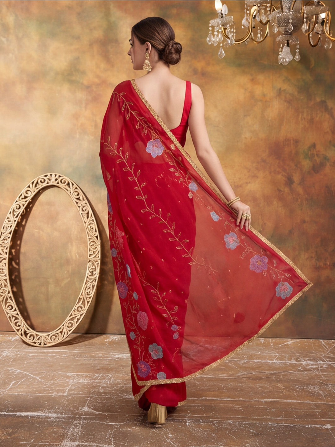 Georgette with Beads pipe and Multi threads work Saree With Unstitched Blouse Piece