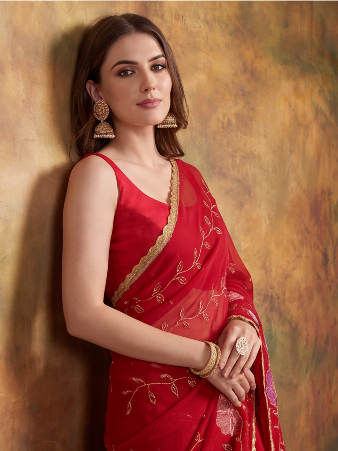 Georgette with Beads pipe and Multi threads work Saree With Unstitched Blouse Piece