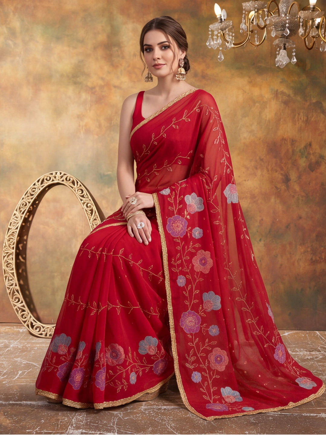 Georgette with Beads pipe and Multi threads work Saree With Unstitched Blouse Piece