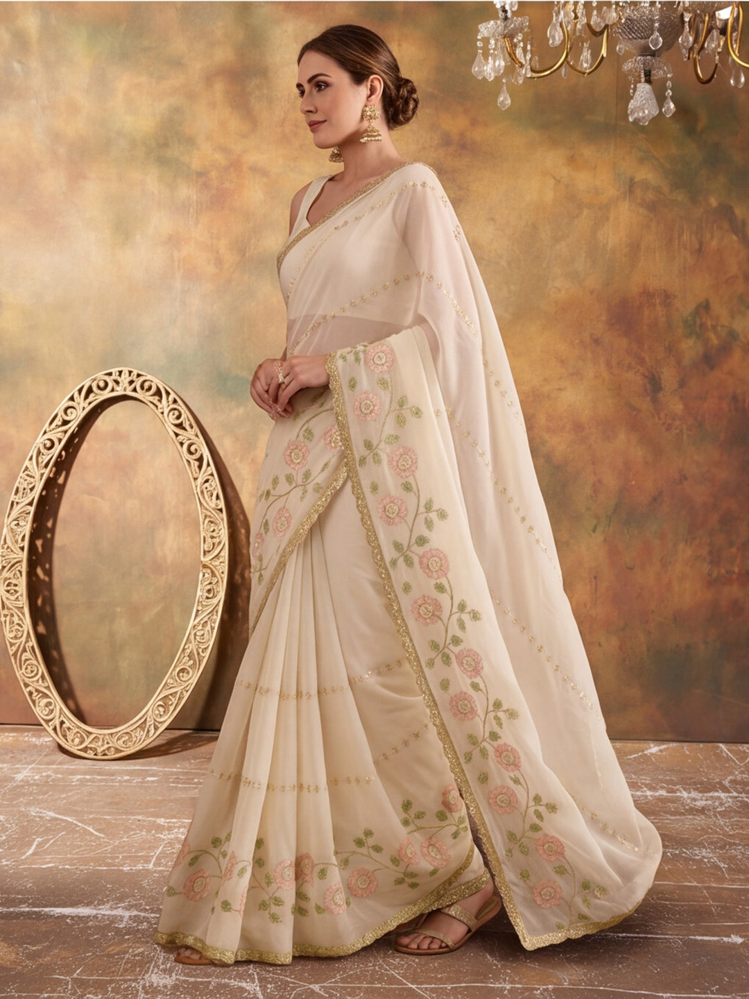 Georgette with Beads pipe and Multi threads work Saree With Unstitched Blouse Piece