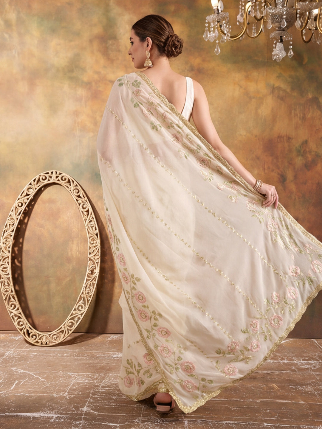 Georgette with Beads pipe and Multi threads work Saree With Unstitched Blouse Piece