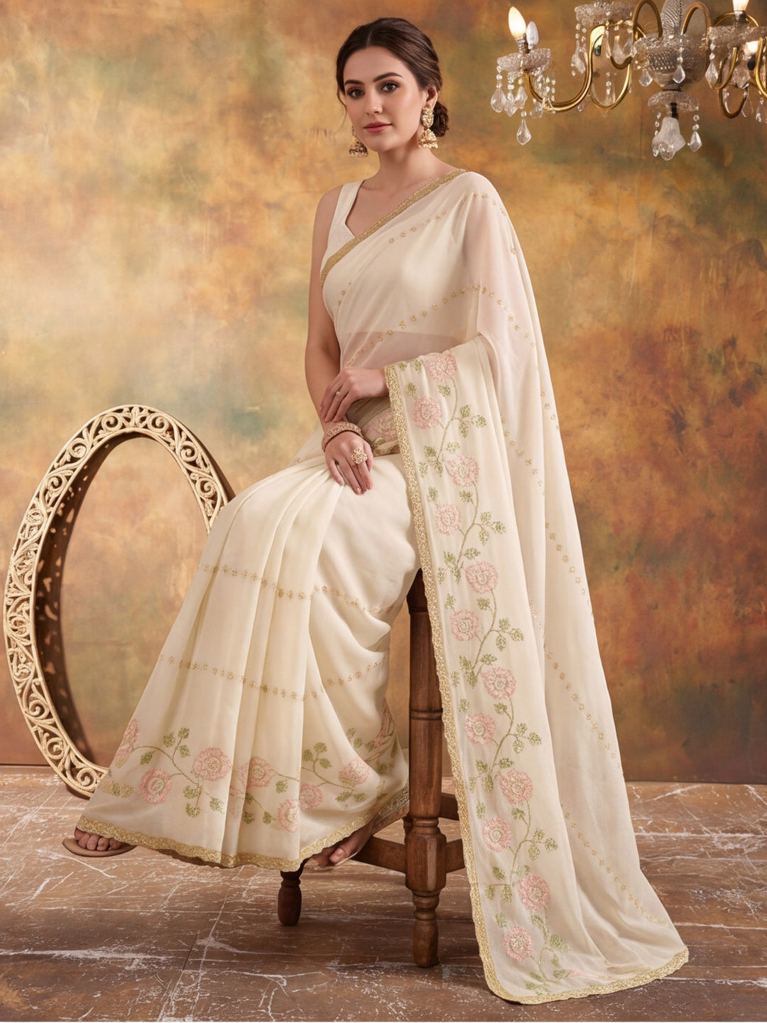 Georgette with Beads pipe and Multi threads work Saree With Unstitched Blouse Piece