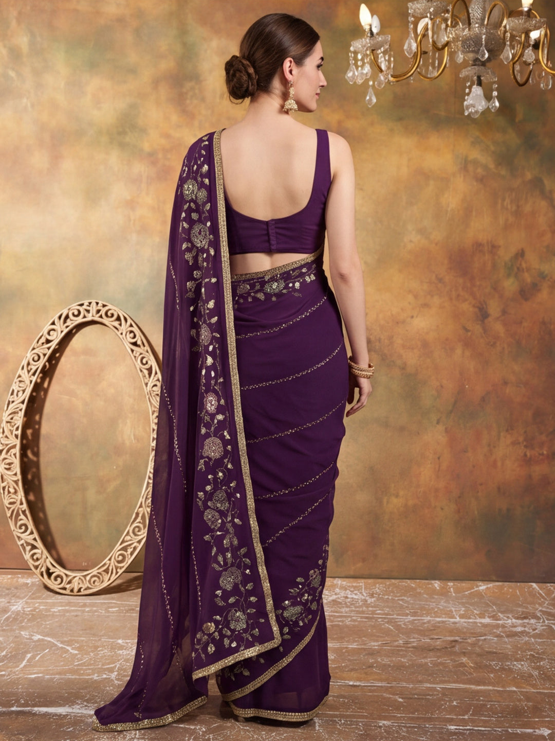 Georgette with Beads pipe and Multi threads work Saree With Unstitched Blouse Piece