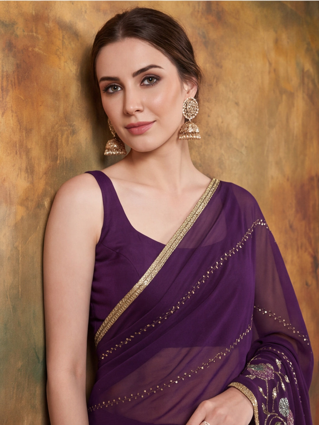 Georgette with Beads pipe and Multi threads work Saree With Unstitched Blouse Piece
