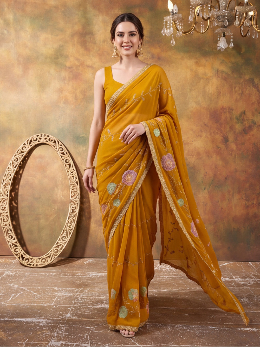 Georgette with Beads pipe and Multi threads work Saree With Unstitched Blouse Piece