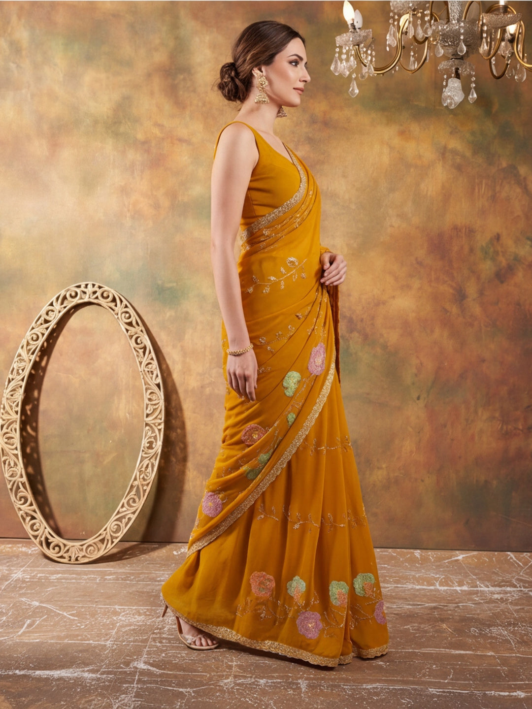 Georgette with Beads pipe and Multi threads work Saree With Unstitched Blouse Piece