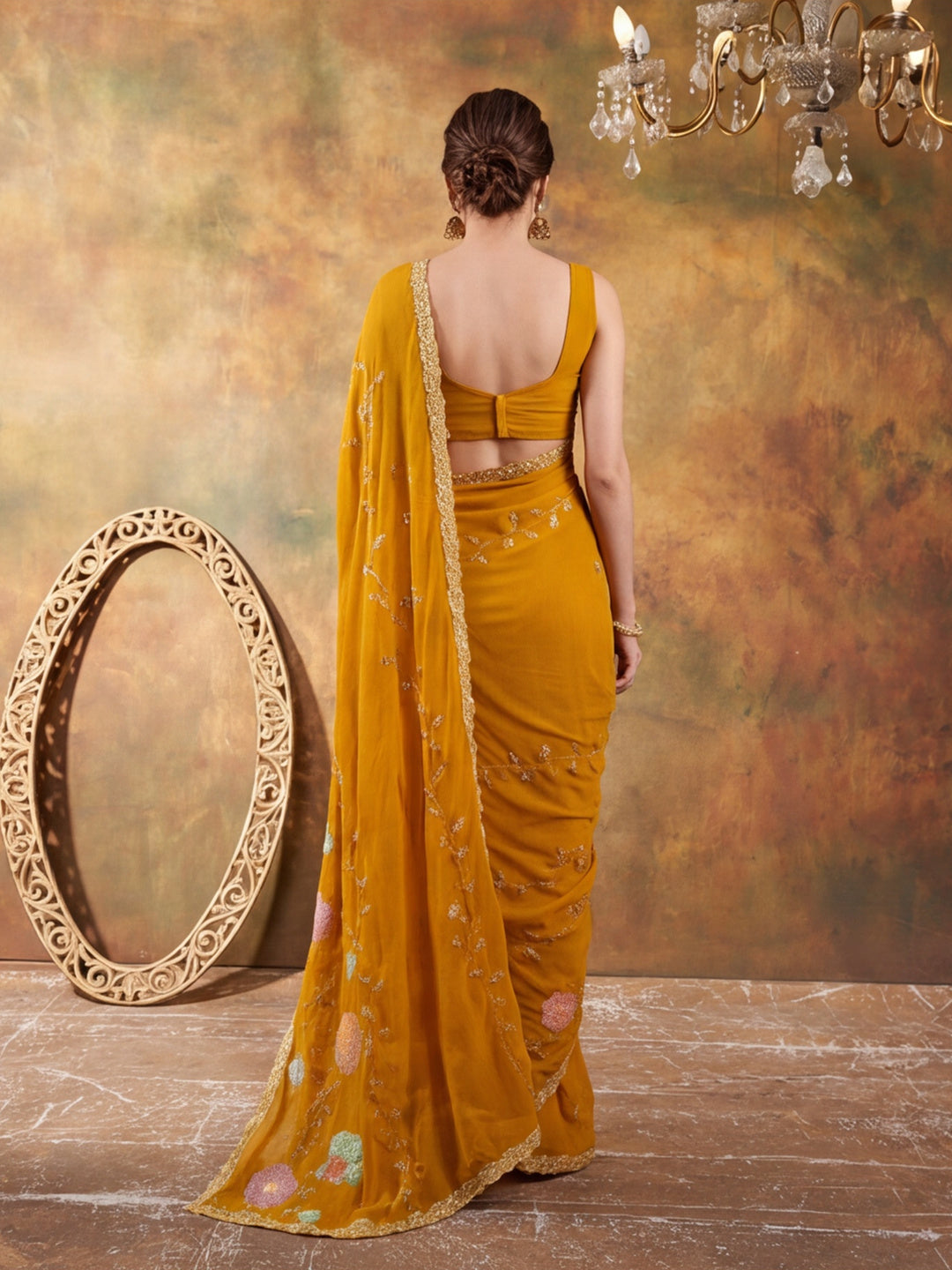 Georgette with Beads pipe and Multi threads work Saree With Unstitched Blouse Piece