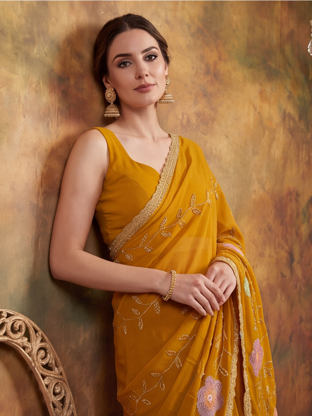 Georgette with Beads pipe and Multi threads work Saree With Unstitched Blouse Piece