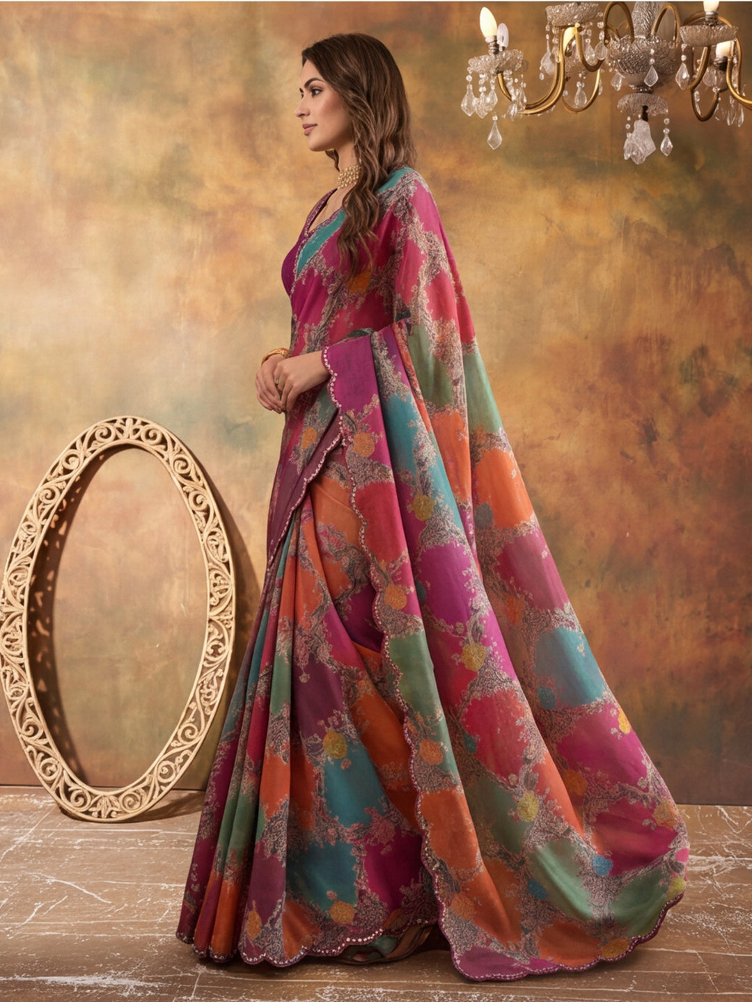 Women Lightweight Printed Beautiful Mirror Work Border Saree With Unstitched Blouse Piece