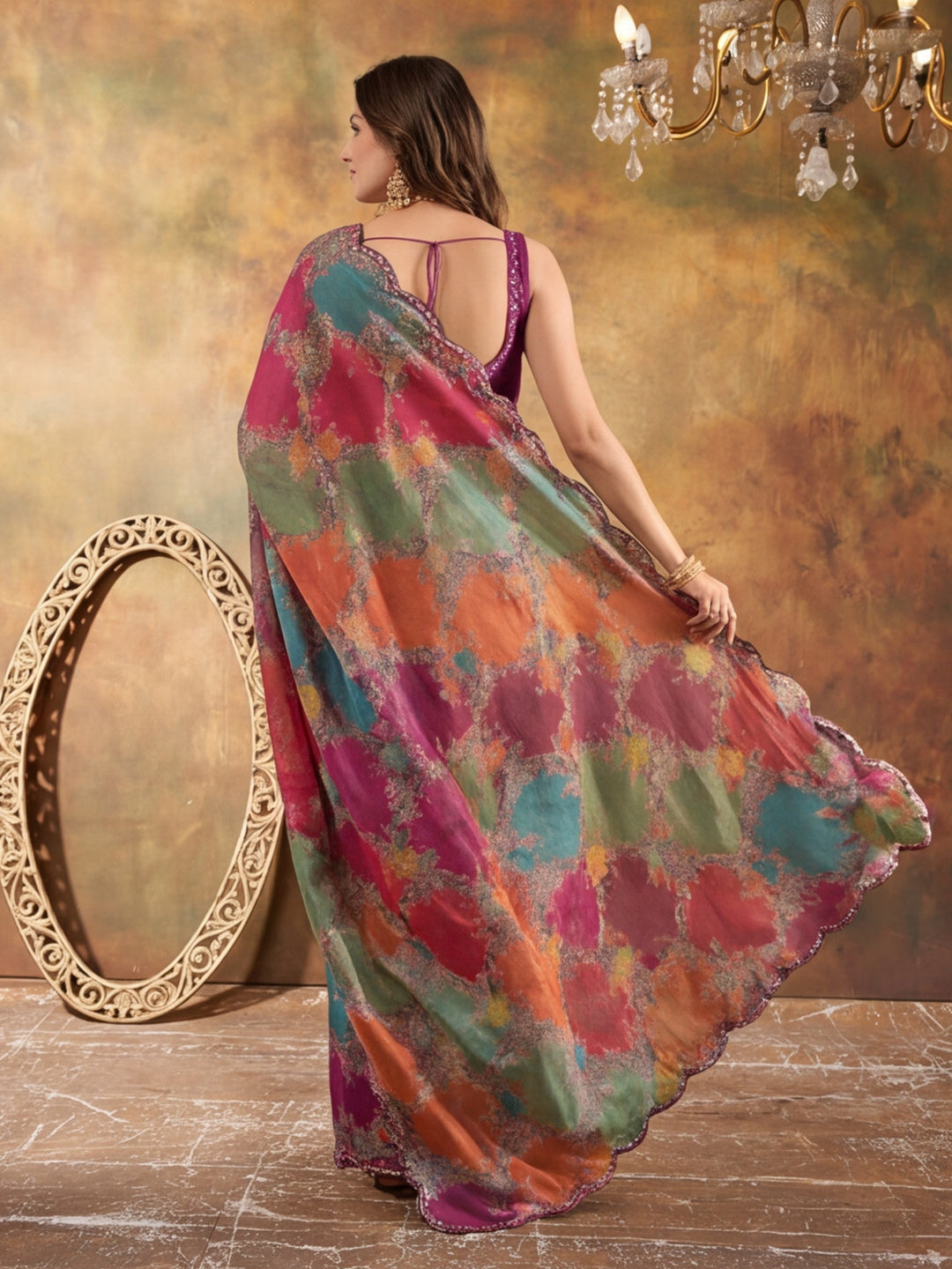 Women Lightweight Printed Beautiful Mirror Work Border Saree With Unstitched Blouse Piece