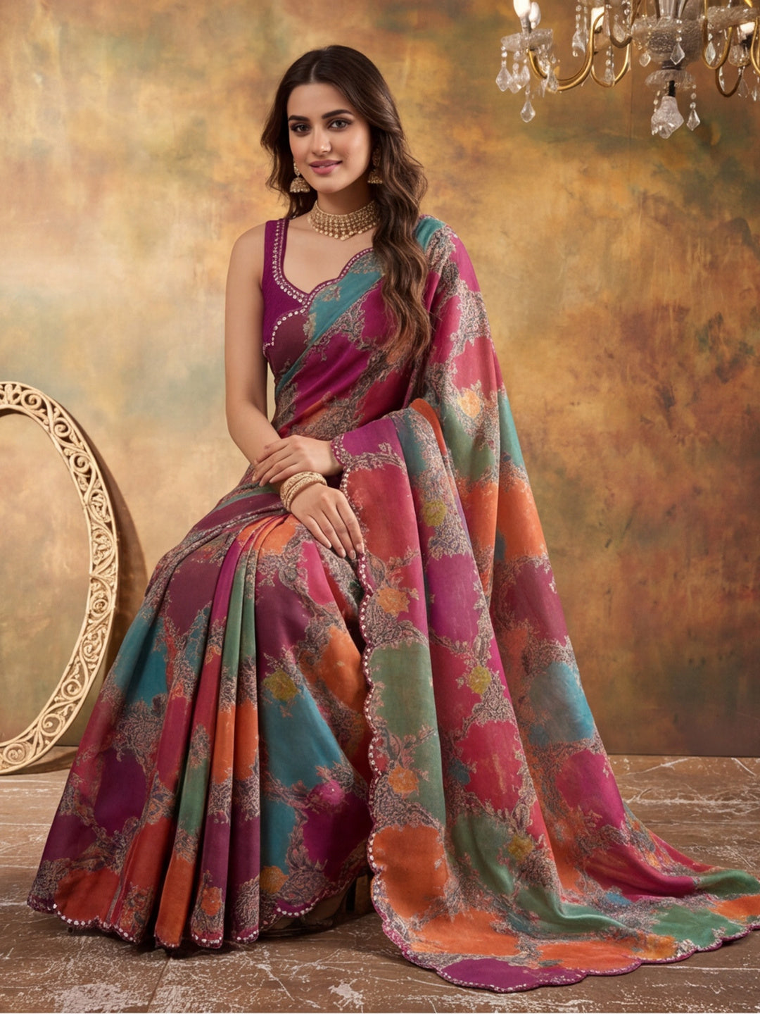 Women Lightweight Printed Beautiful Mirror Work Border Saree With Unstitched Blouse Piece