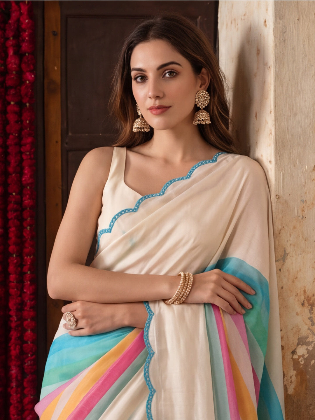 Women Lightweight Printed Beautiful Mirror Work Border Saree With Unstitched Blouse Piece