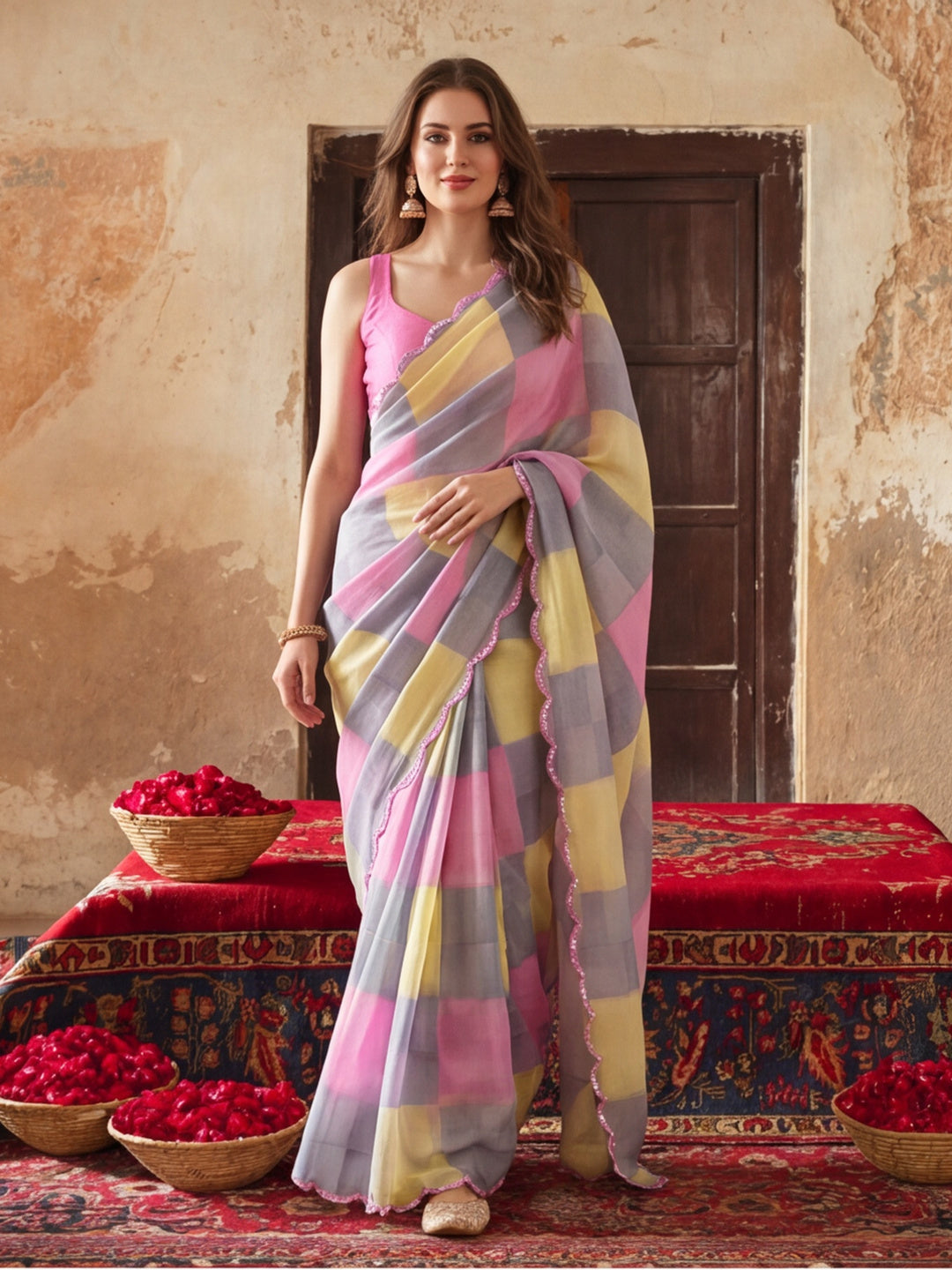 Women Lightweight Printed Beautiful Mirror Work Border Saree With Unstitched Blouse Piece