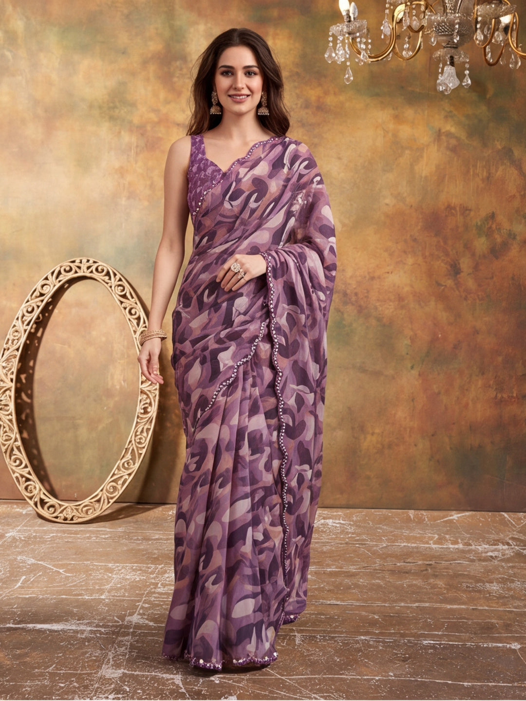 Women Lightweight Printed Beautiful Mirror Work Border Saree With Unstitched Blouse Piece