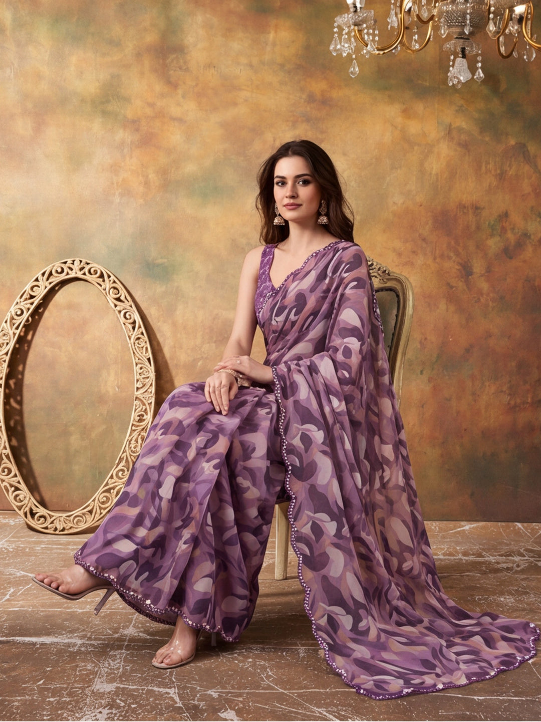 Women Lightweight Printed Beautiful Mirror Work Border Saree With Unstitched Blouse Piece