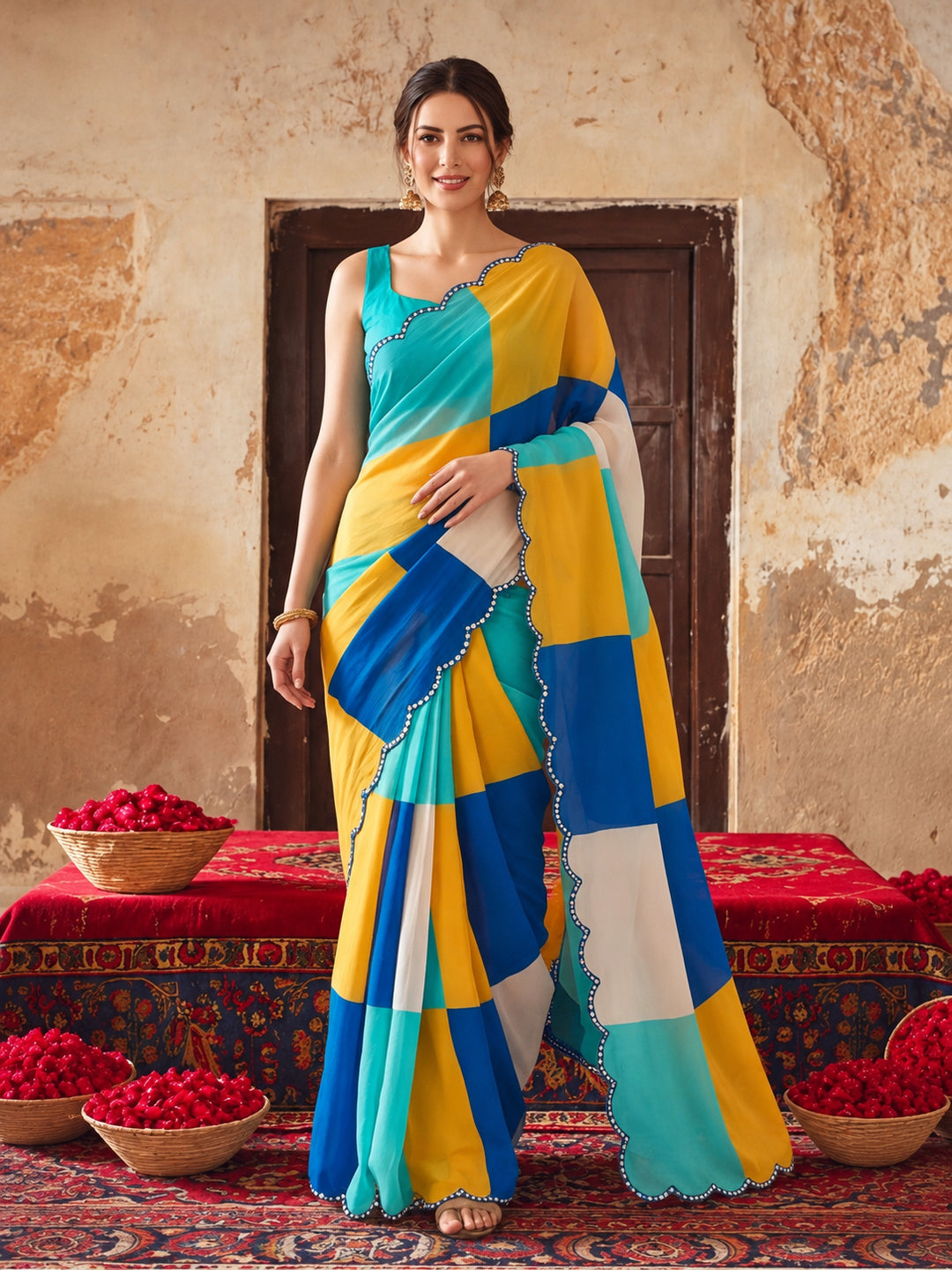 Women Lightweight Printed Beautiful Mirror Work Border Saree With Unstitched Blouse Piece