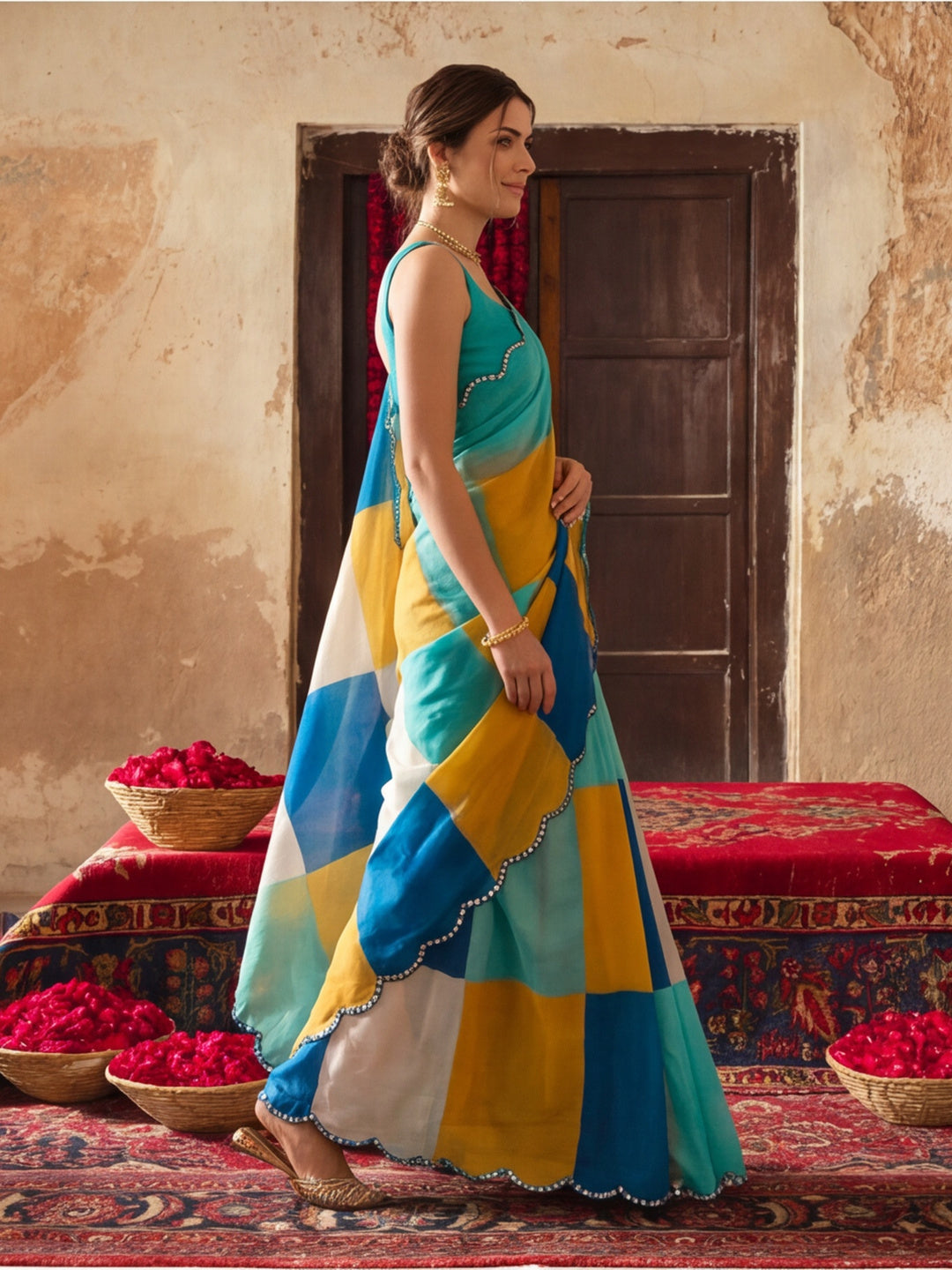 Women Lightweight Printed Beautiful Mirror Work Border Saree With Unstitched Blouse Piece
