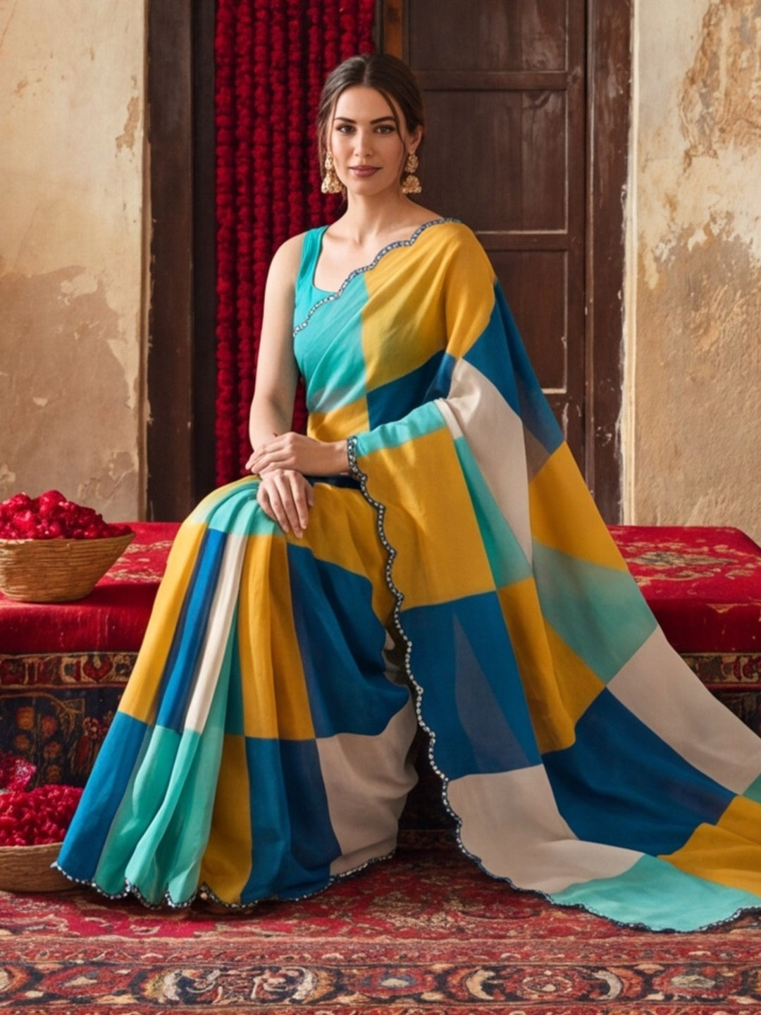 Women Lightweight Printed Beautiful Mirror Work Border Saree With Unstitched Blouse Piece