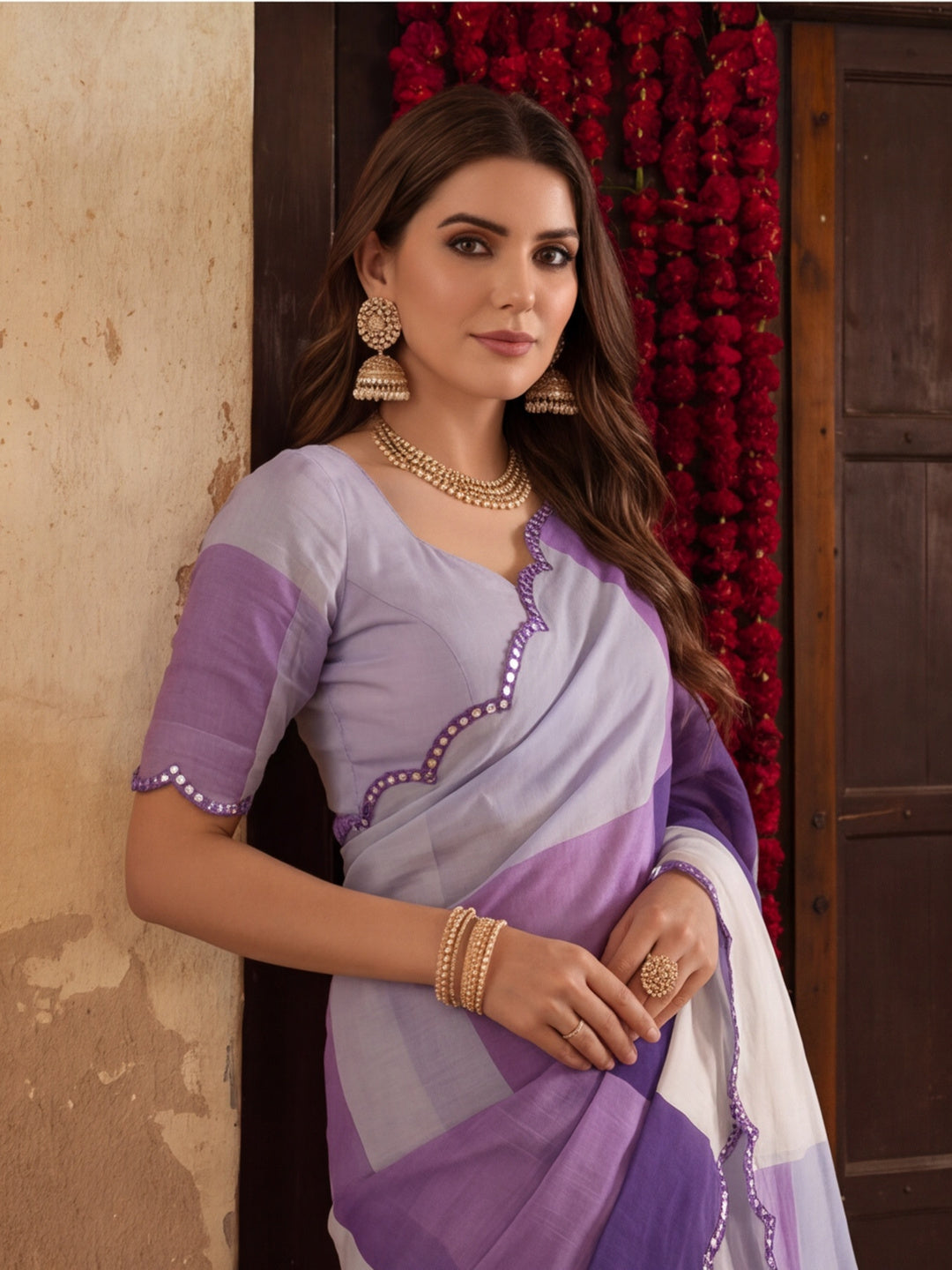 Women Lightweight Printed Beautiful Mirror Work Border Saree With Unstitched Blouse Piece
