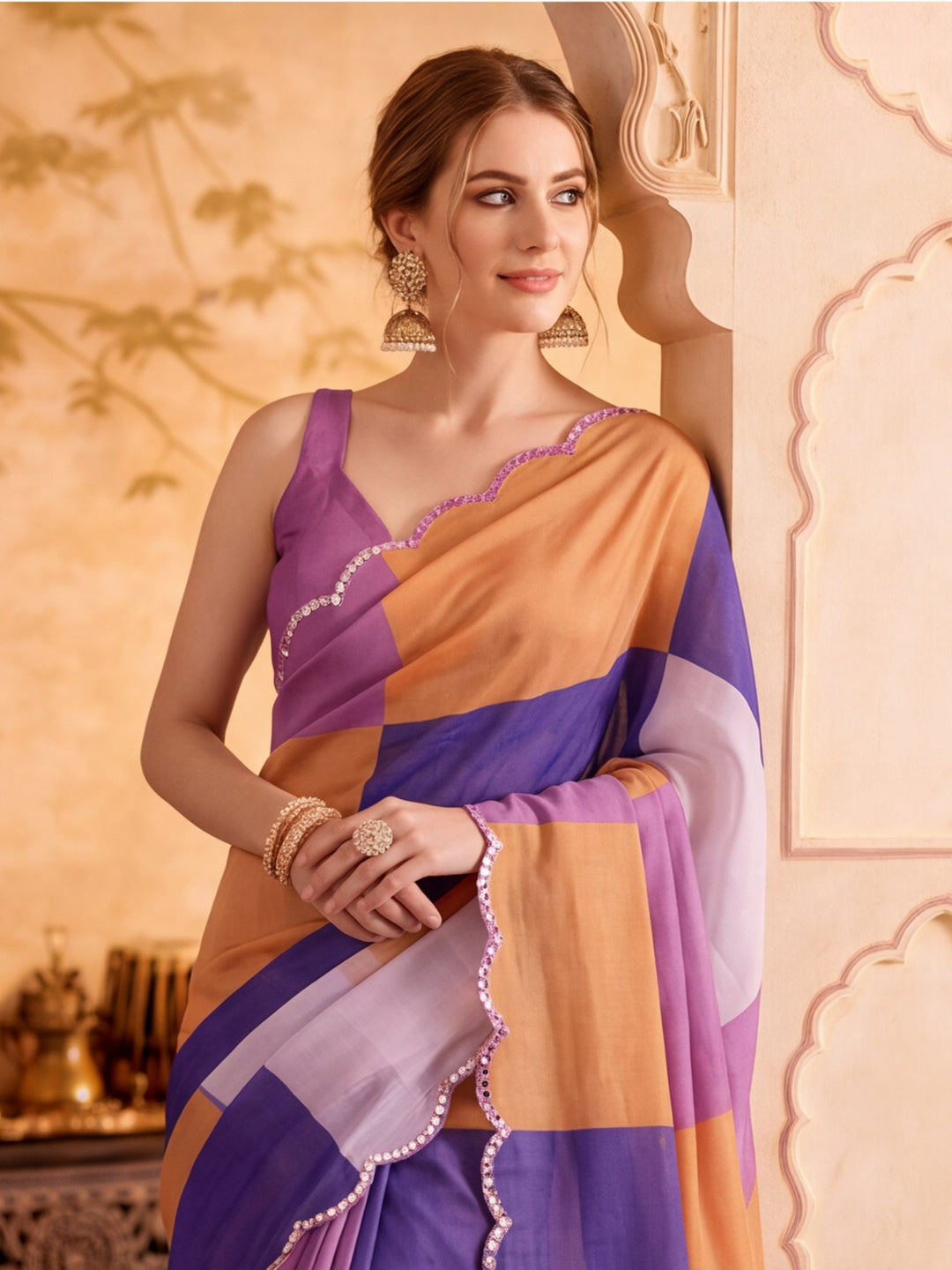Women Lightweight Printed Beautiful Mirror Work Border Saree With Unstitched Blouse Piece