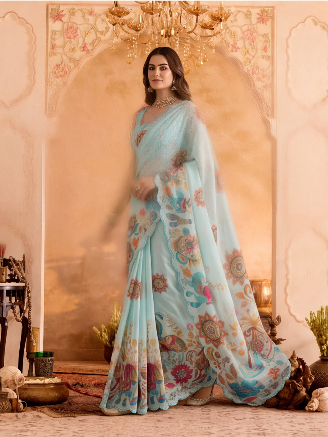 Women Lightweight Printed Beautiful Mirror Work Border Saree With Unstitched Blouse Piece