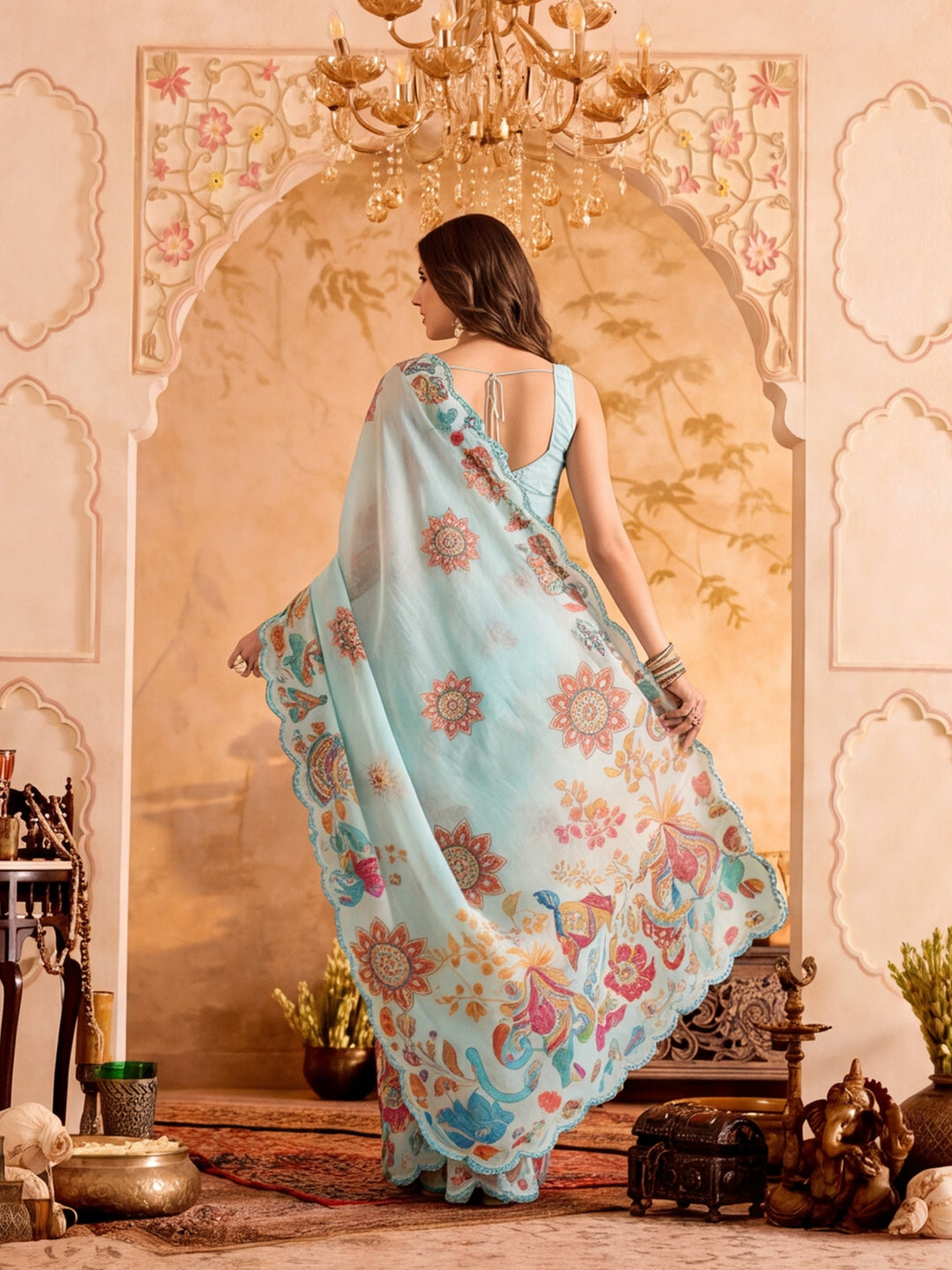 Women Lightweight Printed Beautiful Mirror Work Border Saree With Unstitched Blouse Piece