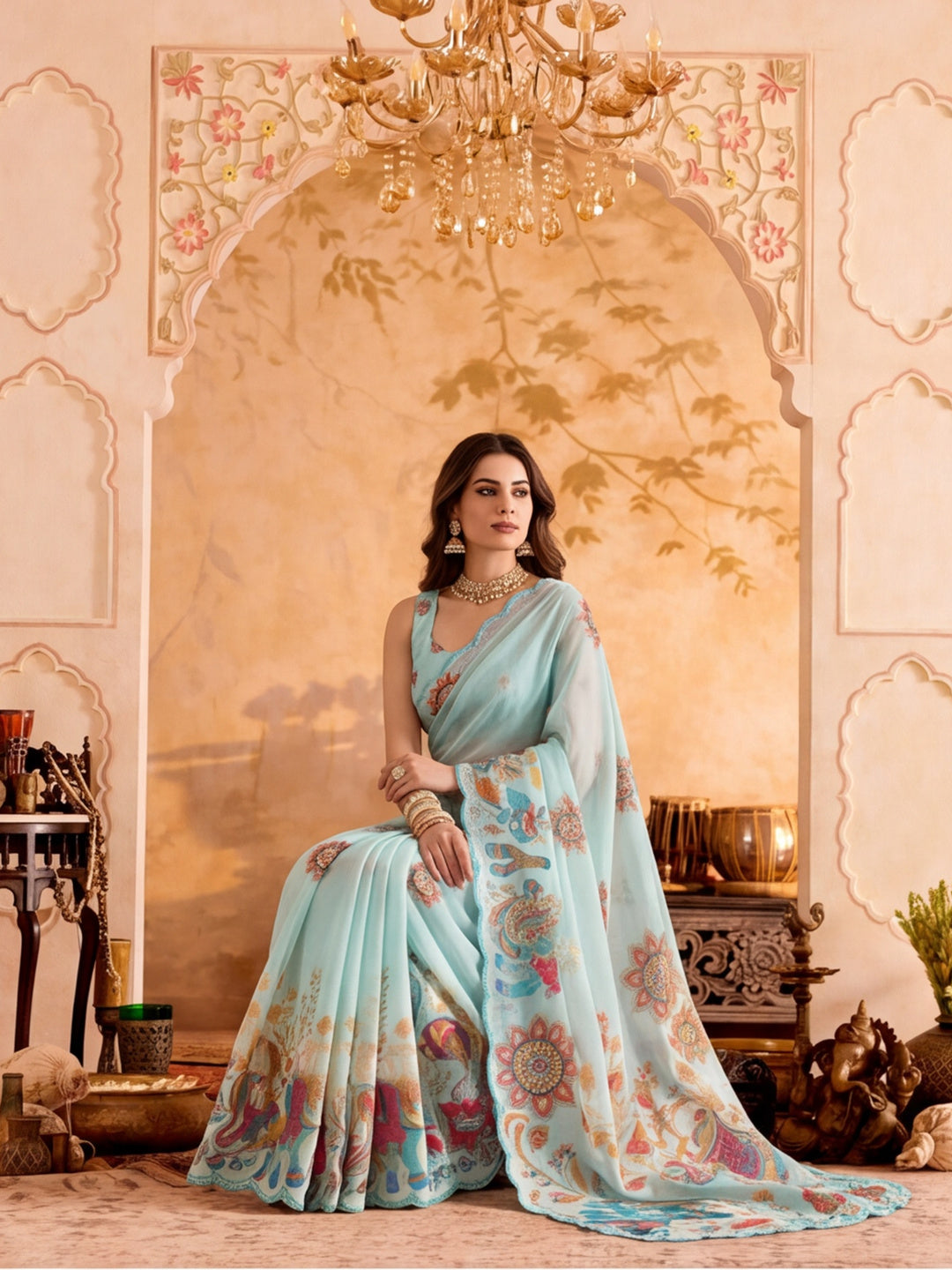 Women Lightweight Printed Beautiful Mirror Work Border Saree With Unstitched Blouse Piece