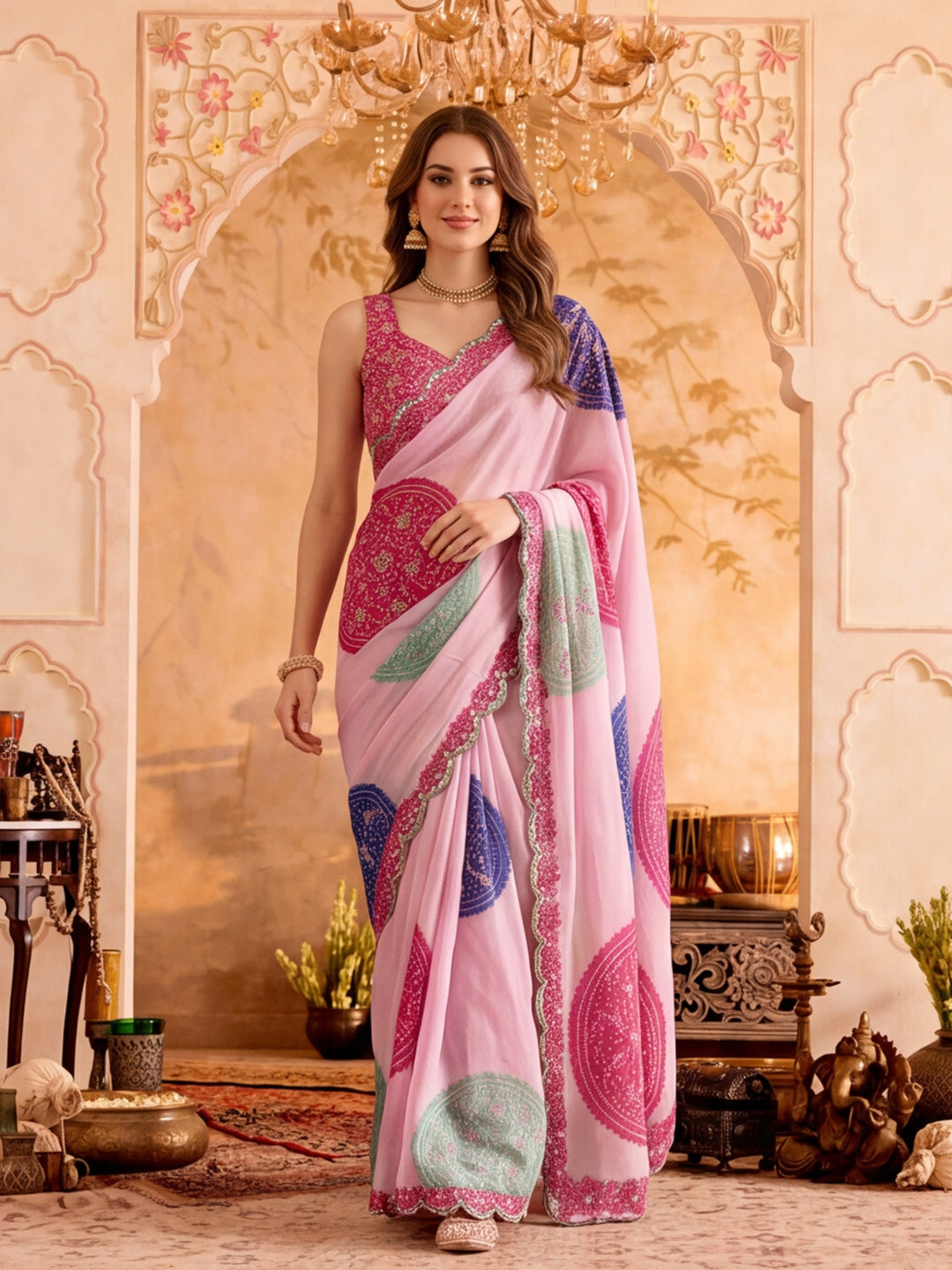 Women Lightweight Printed Beautiful Mirror Work Border Saree With Unstitched Blouse Piece