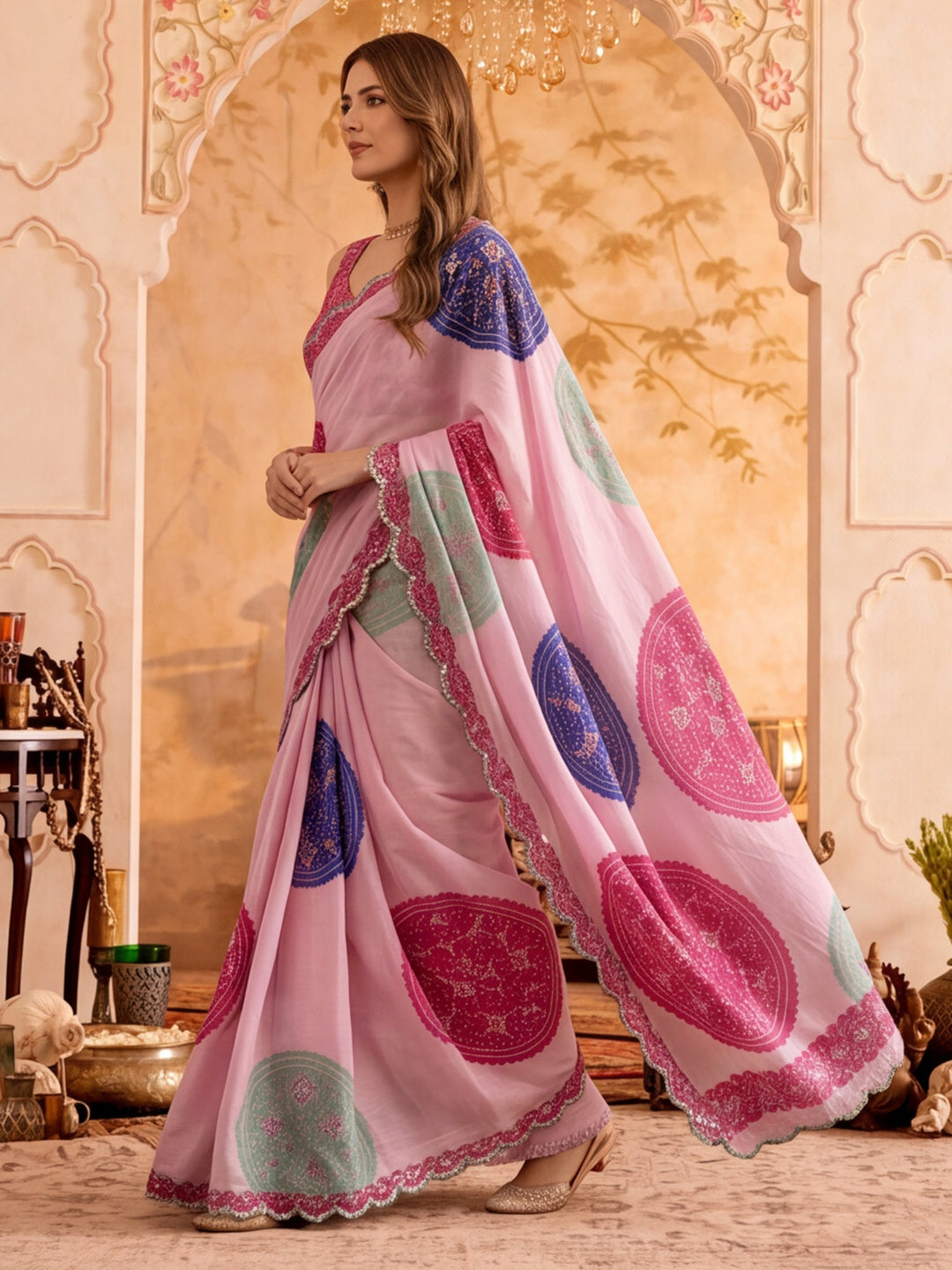 Women Lightweight Printed Beautiful Mirror Work Border Saree With Unstitched Blouse Piece