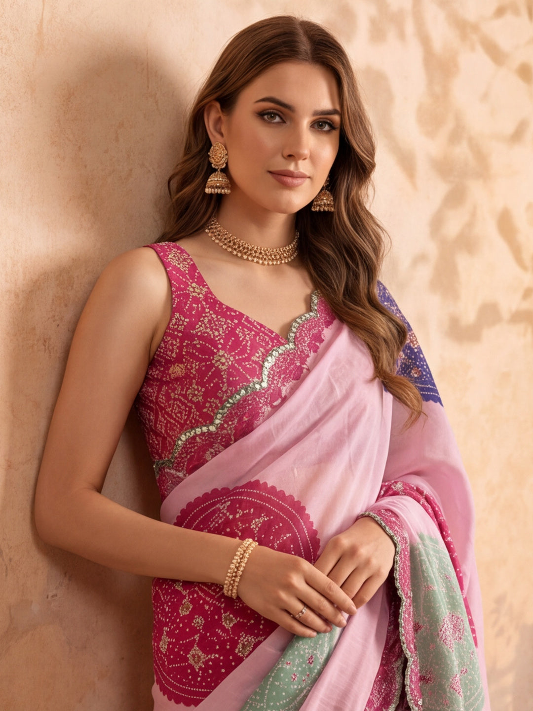 Women Lightweight Printed Beautiful Mirror Work Border Saree With Unstitched Blouse Piece