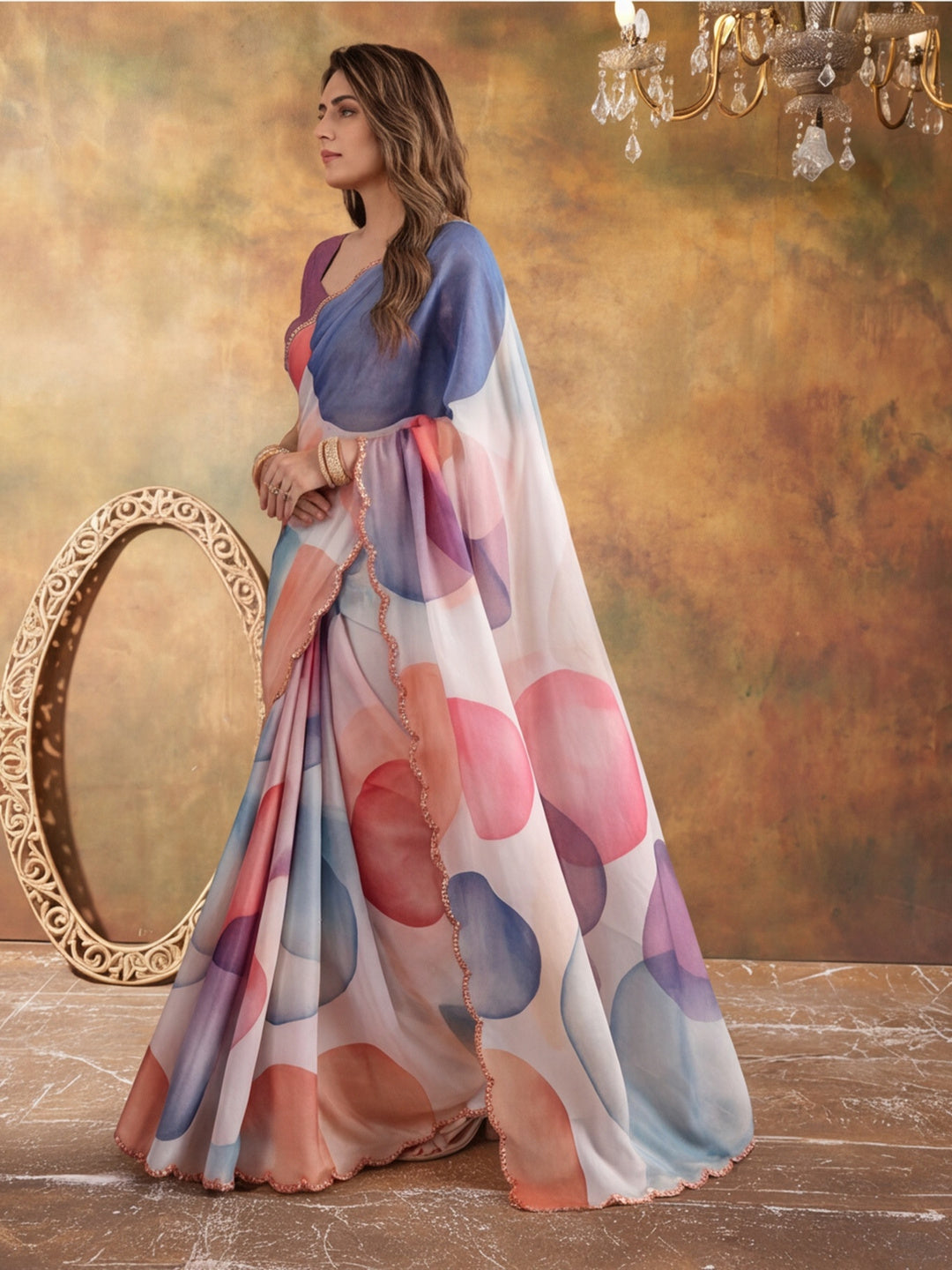Women Lightweight Printed Beautiful Mirror Work Border Saree With Unstitched Blouse Piece