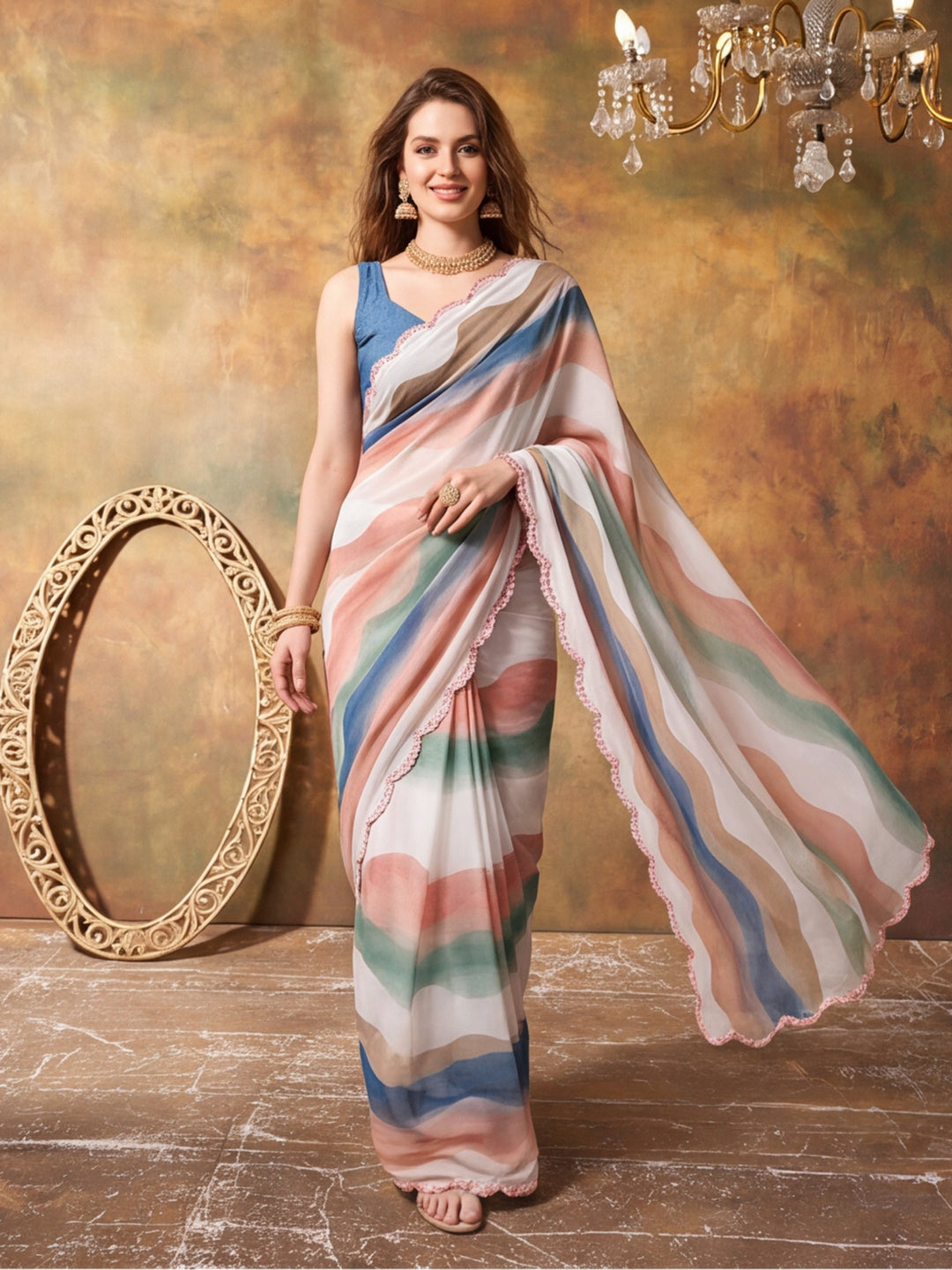 Women Lightweight Printed Beautiful Mirror Work Border Saree With Unstitched Blouse Piece