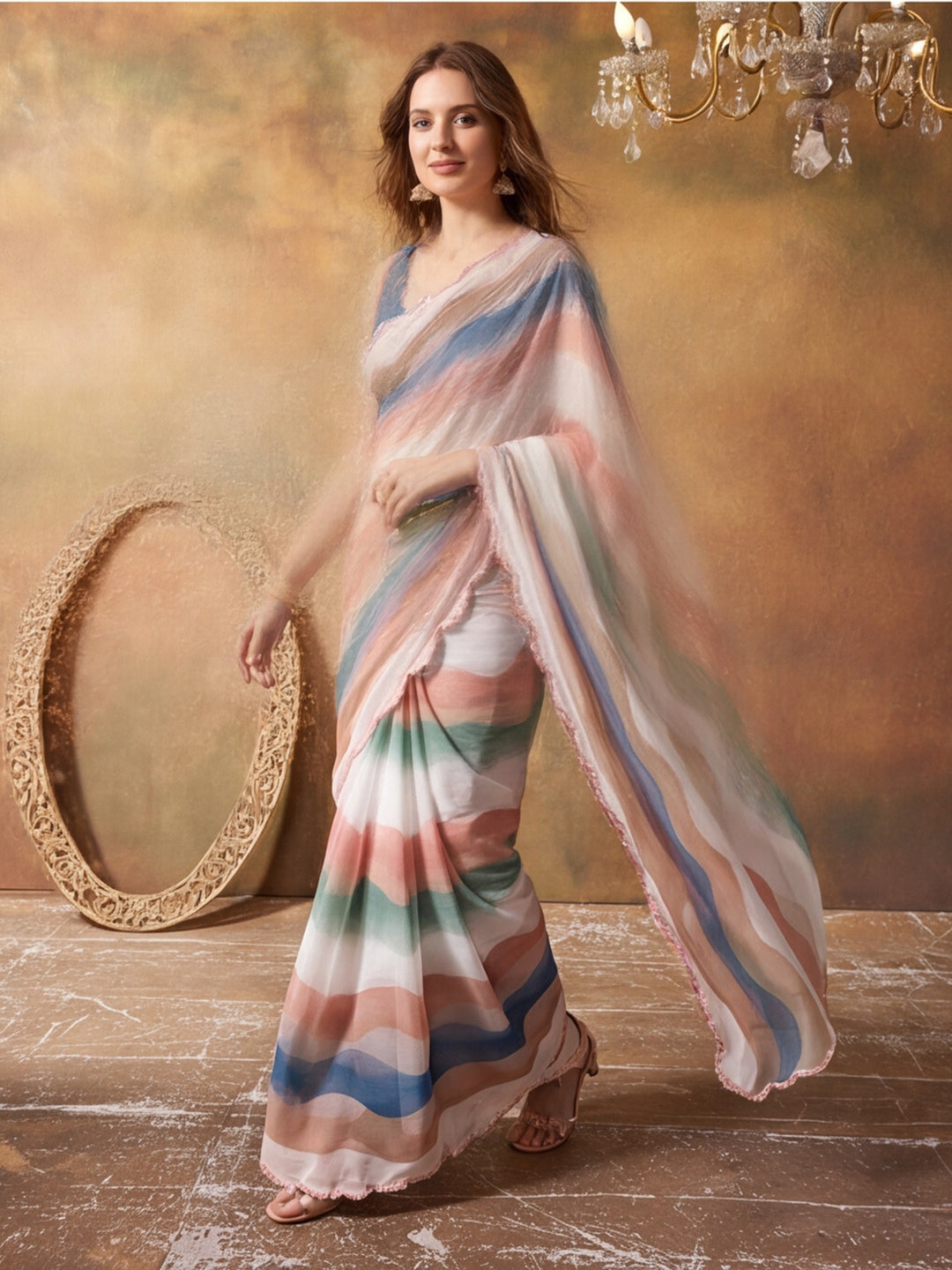 Women Lightweight Printed Beautiful Mirror Work Border Saree With Unstitched Blouse Piece