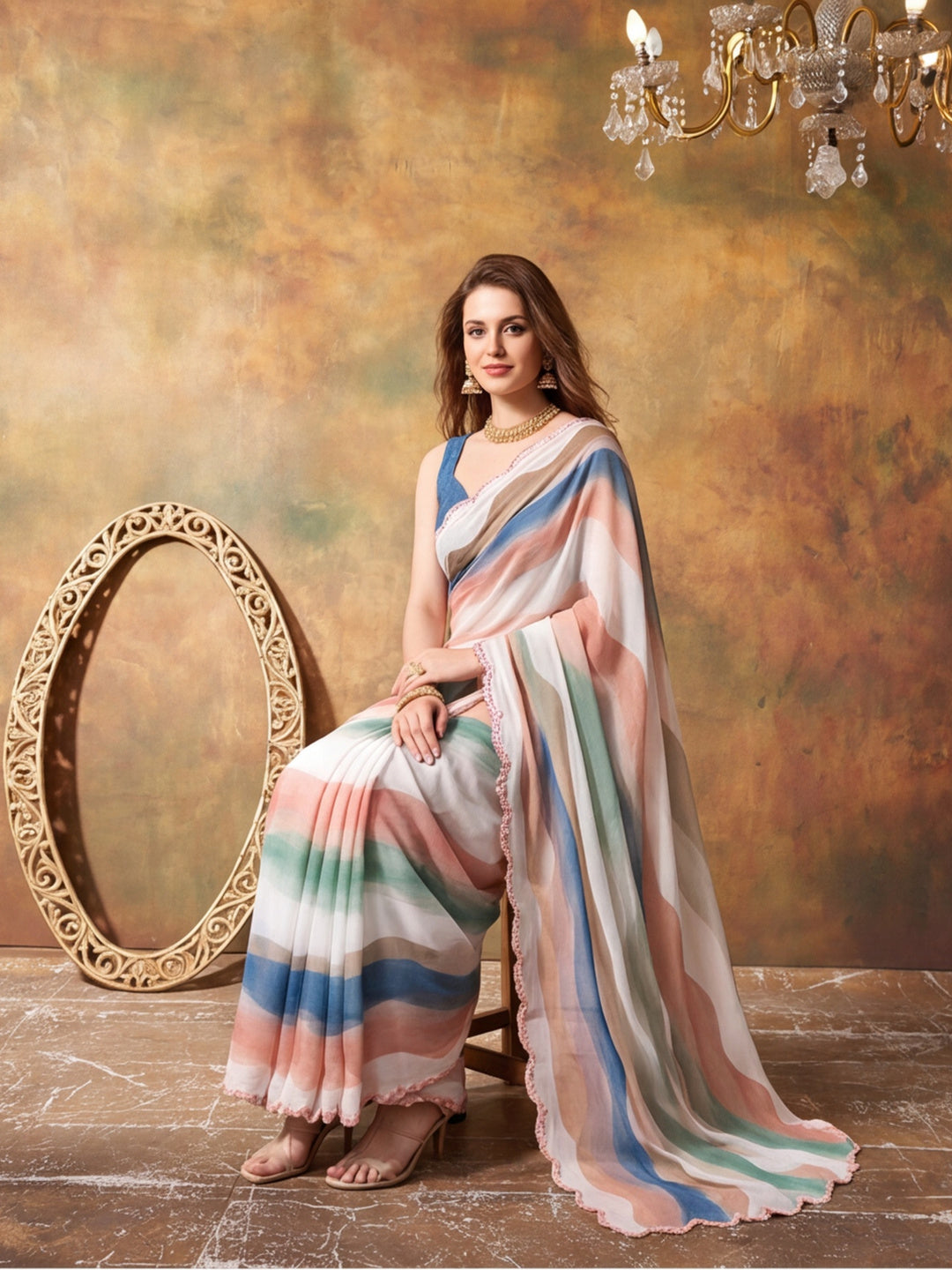 Women Lightweight Printed Beautiful Mirror Work Border Saree With Unstitched Blouse Piece