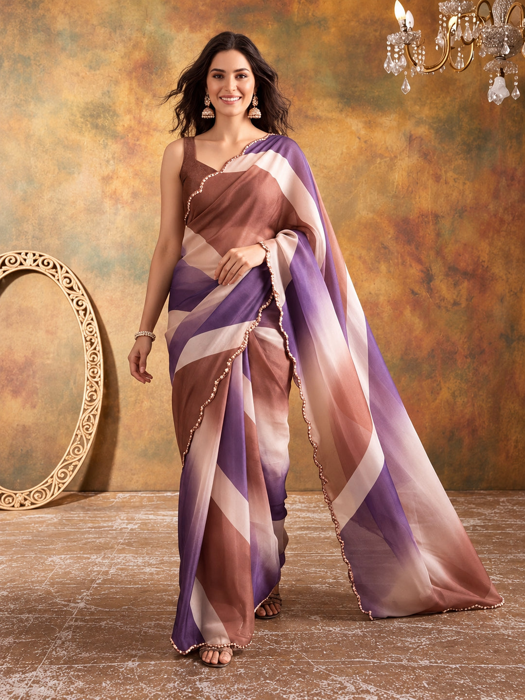 Women Lightweight Printed Beautiful Mirror Work Border Saree With Unstitched Blouse Piece