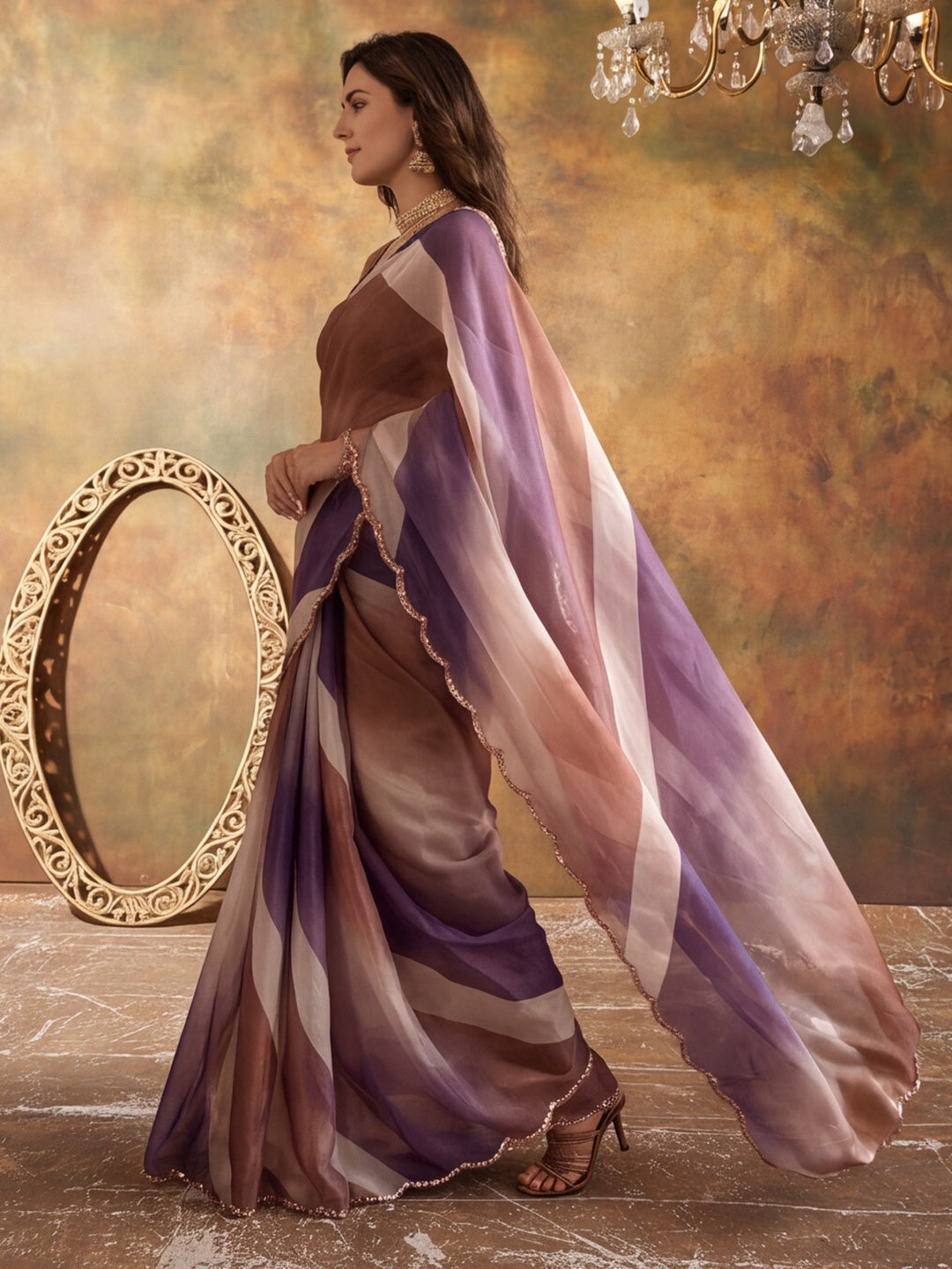 Women Lightweight Printed Beautiful Mirror Work Border Saree With Unstitched Blouse Piece