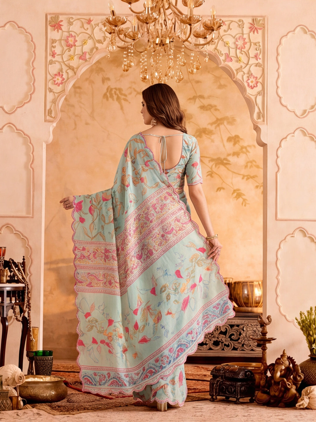 Women Lightweight Printed Beautiful Mirror Work Border Saree With Unstitched Blouse Piece