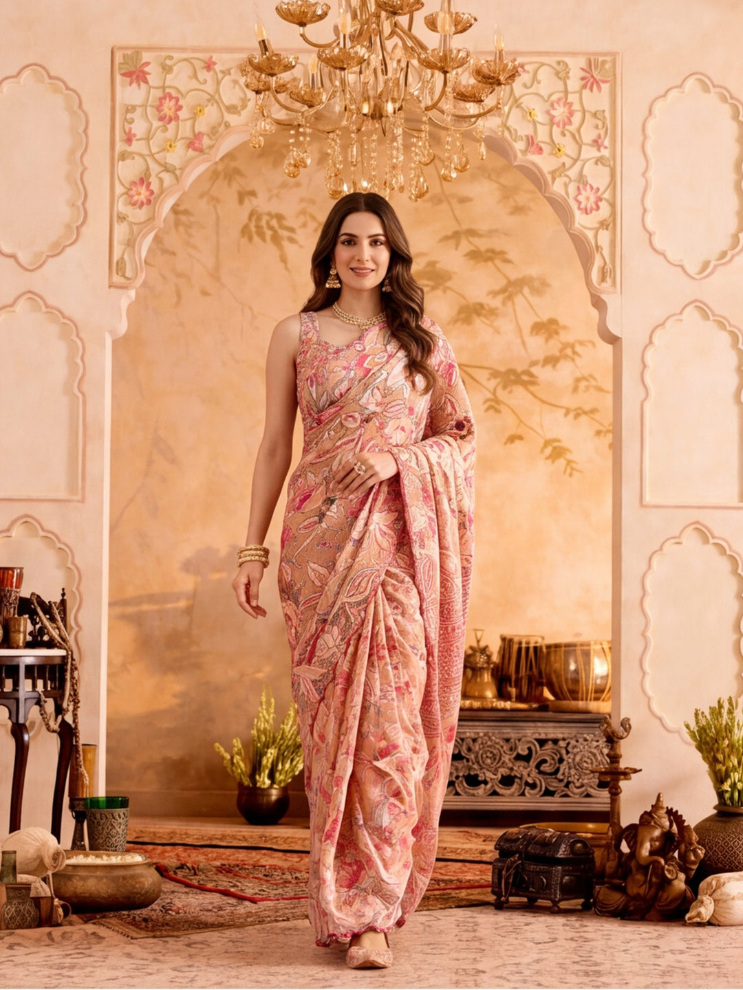 Women Lightweight Printed Beautiful Mirror Work Border Saree With Unstitched Blouse Piece