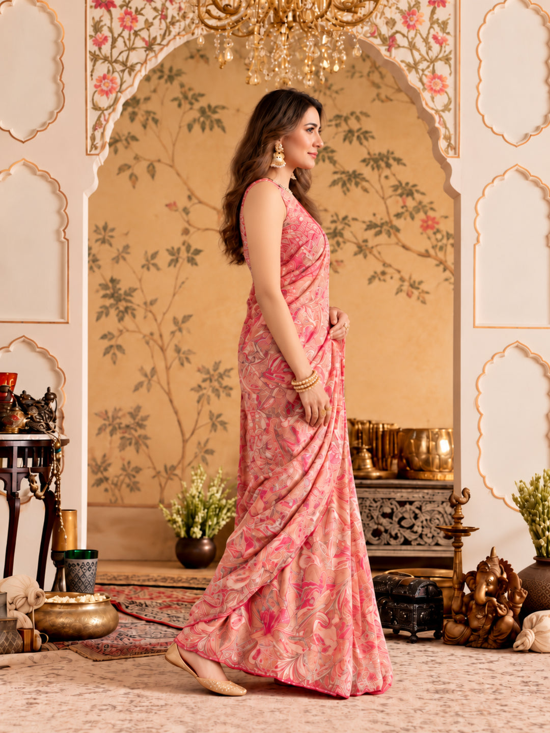 Women Lightweight Printed Beautiful Mirror Work Border Saree With Unstitched Blouse Piece
