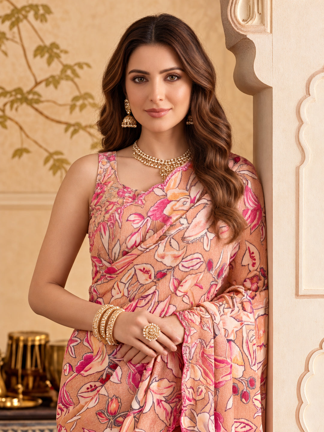 Women Lightweight Printed Beautiful Mirror Work Border Saree With Unstitched Blouse Piece