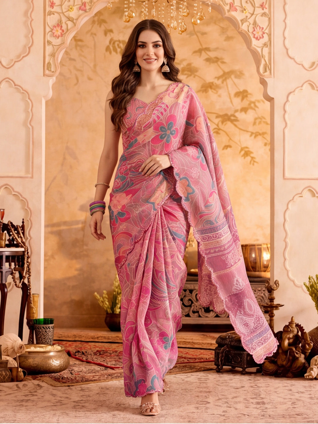 Women Lightweight Printed Beautiful Mirror Work Border Saree With Unstitched Blouse Piece