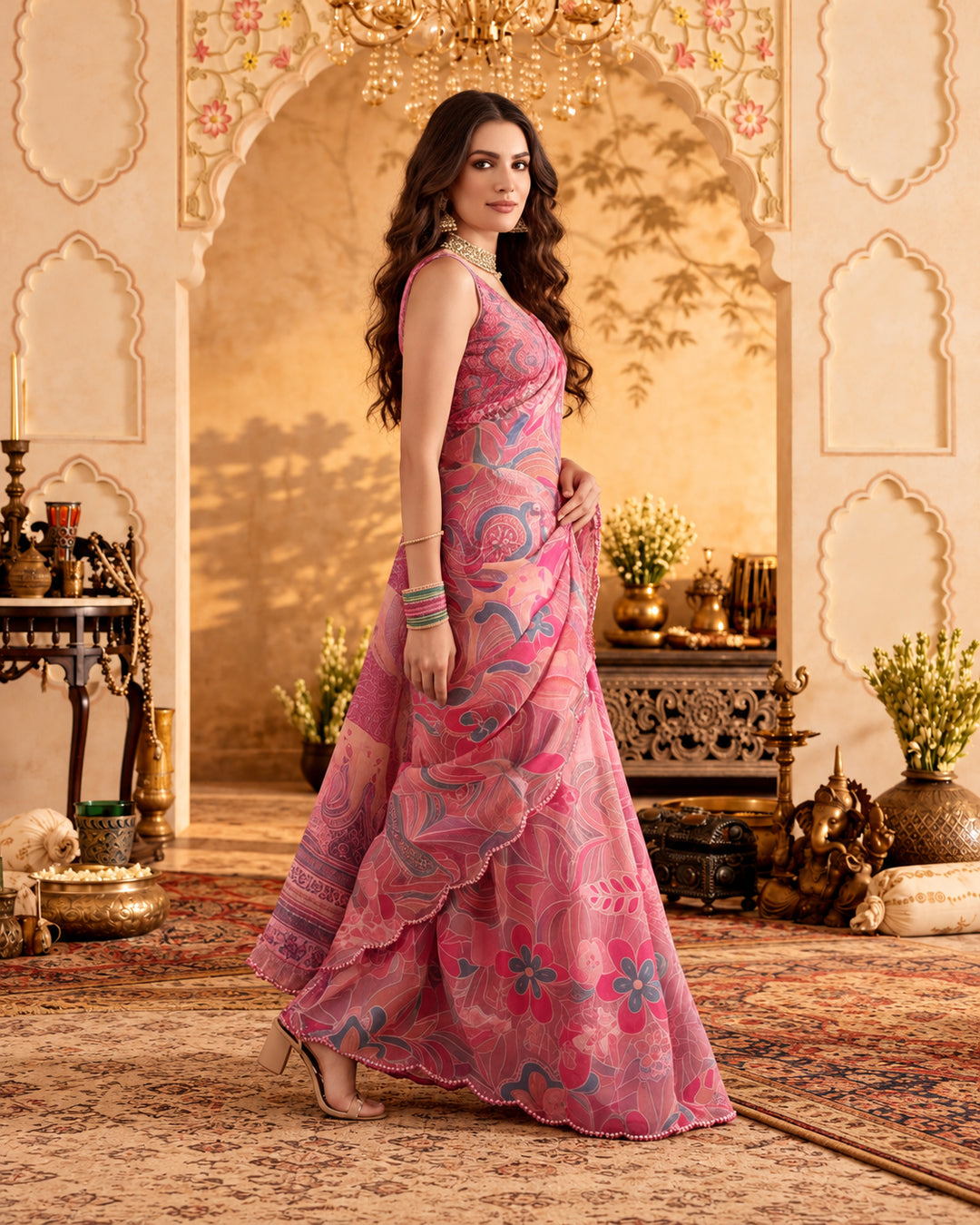 Women Lightweight Printed Beautiful Mirror Work Border Saree With Unstitched Blouse Piece