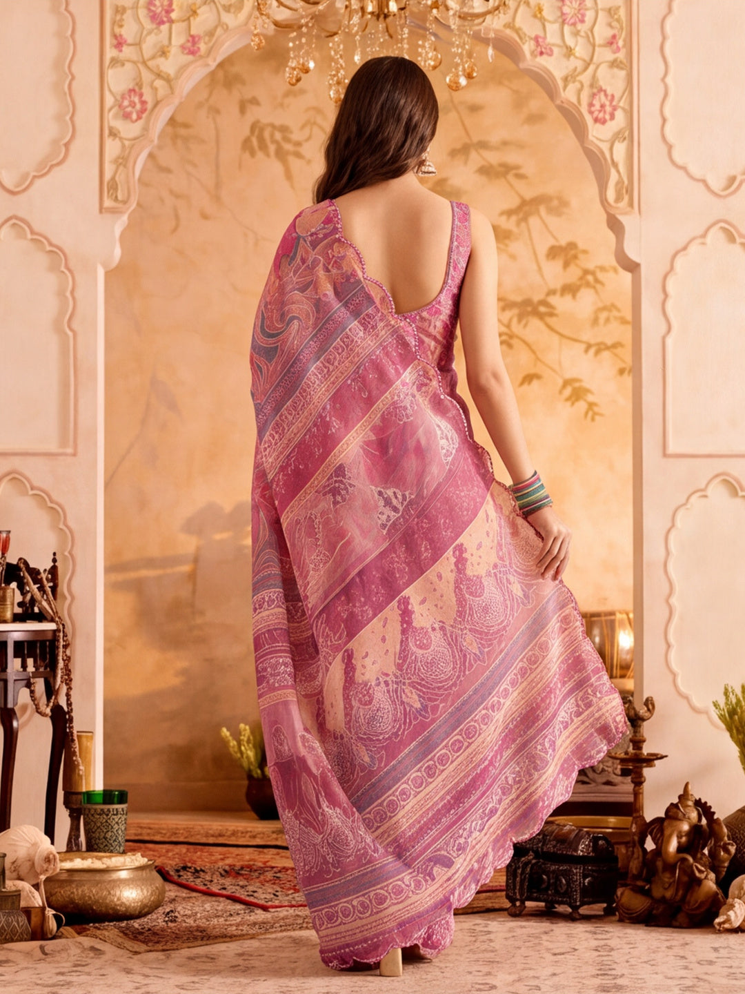 Women Lightweight Printed Beautiful Mirror Work Border Saree With Unstitched Blouse Piece