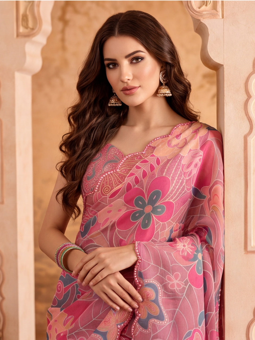 Women Lightweight Printed Beautiful Mirror Work Border Saree With Unstitched Blouse Piece
