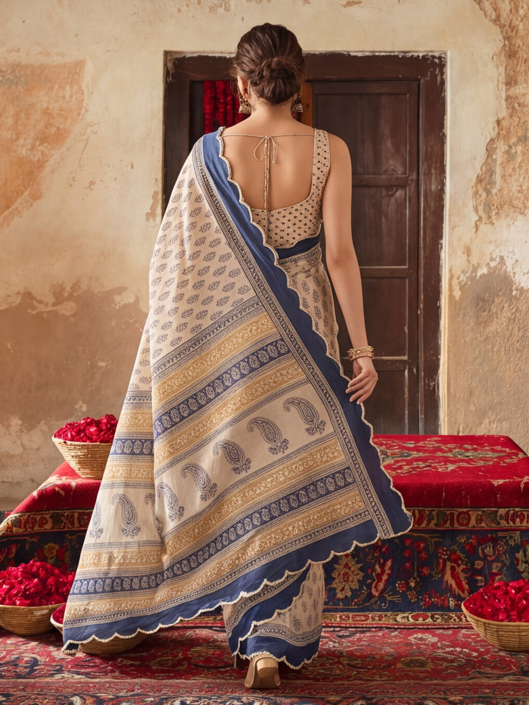 Women Lightweight Printed Beautiful Mirror Work Border Saree With Unstitched Blouse Piece