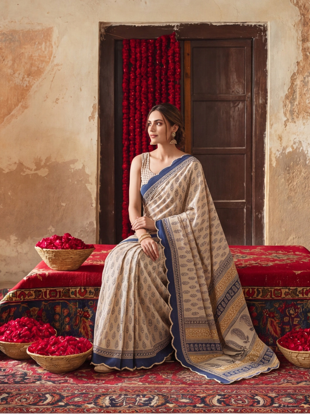 Women Lightweight Printed Beautiful Mirror Work Border Saree With Unstitched Blouse Piece