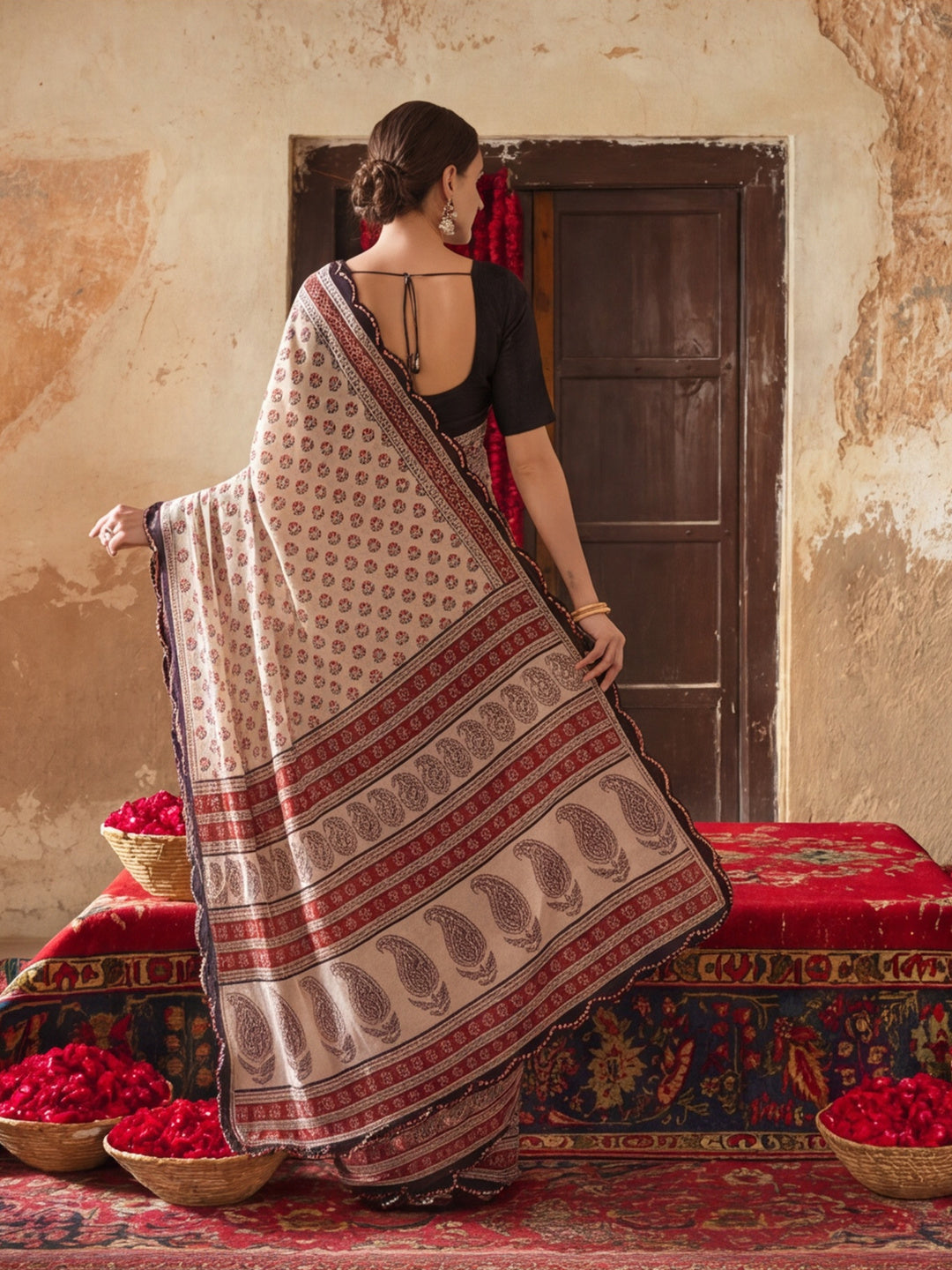 Women Lightweight Printed Beautiful Mirror Work Border Saree With Unstitched Blouse Piece