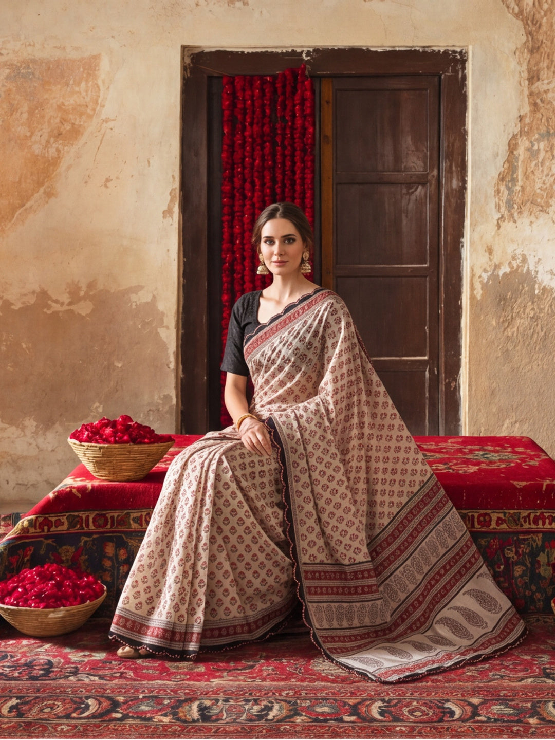 Women Lightweight Printed Beautiful Mirror Work Border Saree With Unstitched Blouse Piece