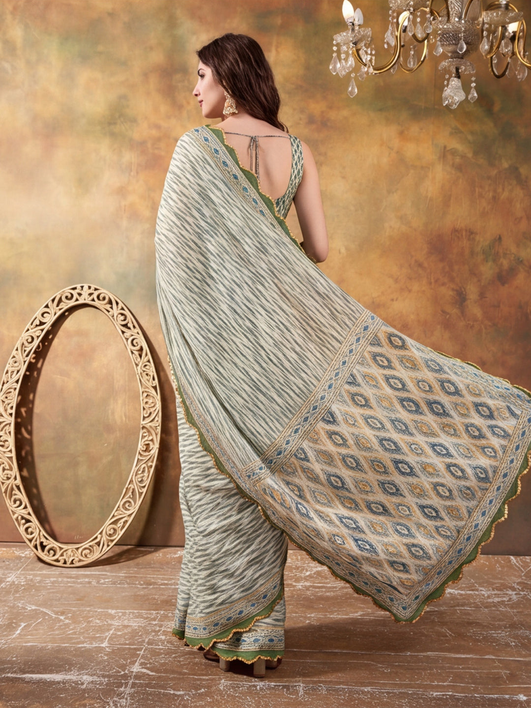 Women Lightweight Printed Beautiful Mirror Work Border Saree With Unstitched Blouse Piece
