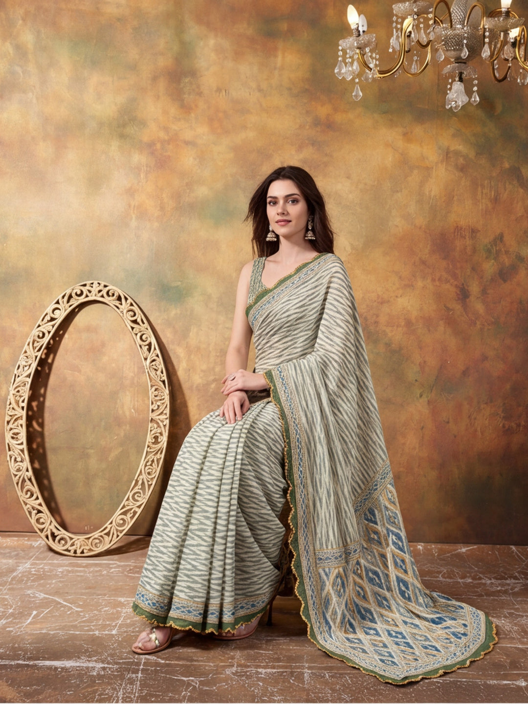 Women Lightweight Printed Beautiful Mirror Work Border Saree With Unstitched Blouse Piece